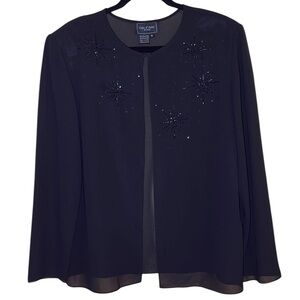 Côte d’Azur Sheer Black Open Front Beaded Evening Jacket Topper Long Sleeve XL